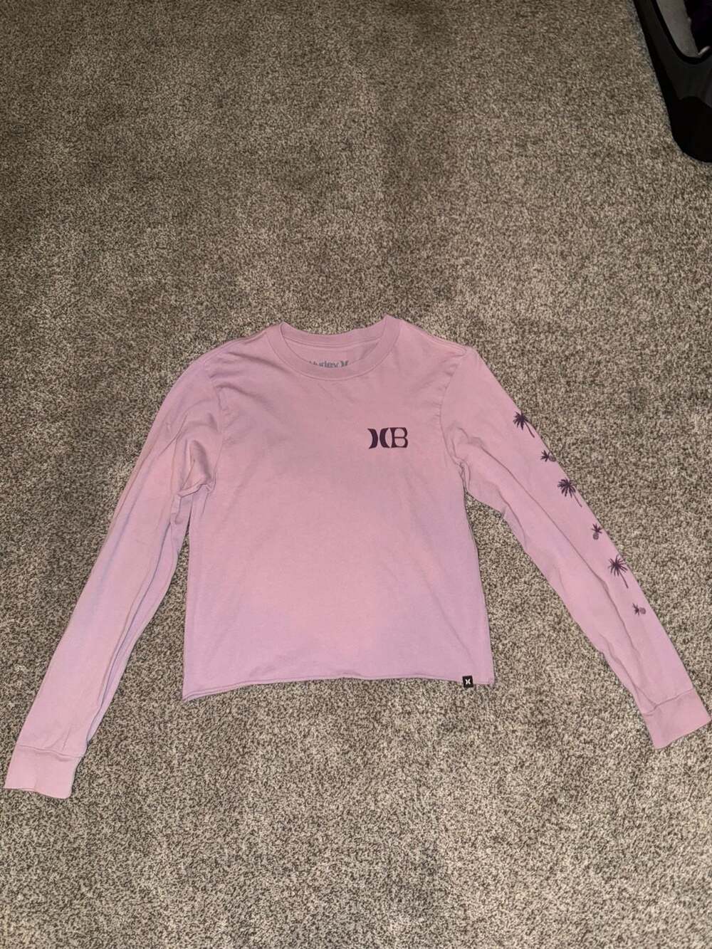 Hurley Long Sleeve Crop Top Pink Palm Tree Graphics Size S